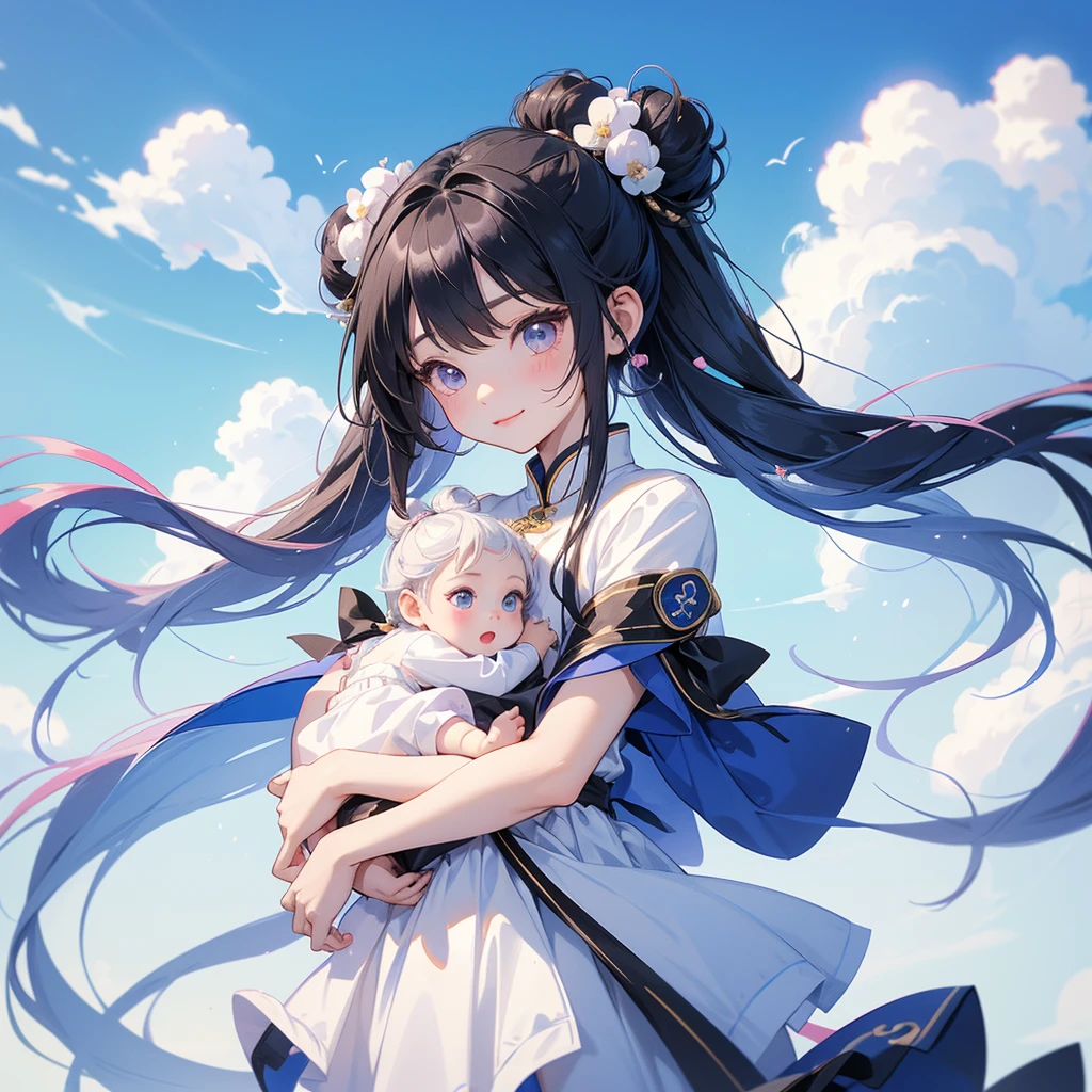A chibi child girl had a small face and Wearing white little Taoist priest's outfit. A pair of big round eyes shone with curiosity about him. This child was so cute, Background is a blue sky, with low floating blue clouds all over the area
her hair is black with two buns on her hair.small chibi, chibi baby, smiling ,Chibi.