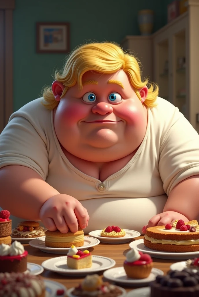 Help me create an image of a fat, white, blue-eyed, blond man eating lots and lots of desserts