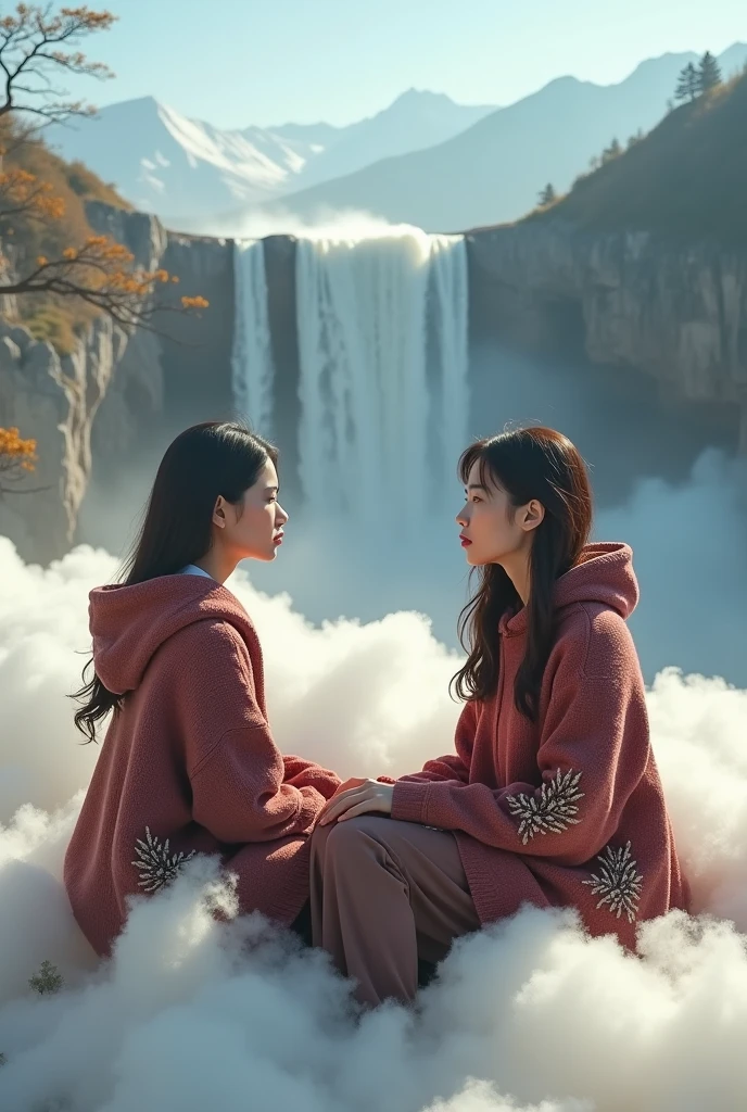 Beautiful Korean women with clean white skin,baju hoodie rajut maron cream,decorated with moonlight forest motifs,brown slacks,sitting on the cloud,with the background of the mountain above the clouds, the cliff of the waterfall with the rainbow,with photo resolution photo 1:1,Original photo,ultra realistic 