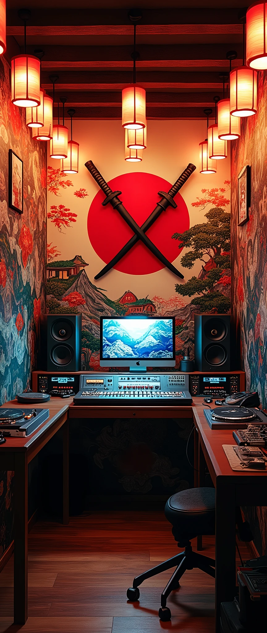 Brightly colored graffiti art mixes with the serene imagery of Japanese calligraphy and landscapes. Lanterns hang from the ceiling, casting a warm glow over the room, while traditional katanas are mounted on one wall, crossed in an X formation above a modern soundboard. The desks have been pushed to the sides, replaced by music equipment—turntables, mics, and speakers, all set up for recording.