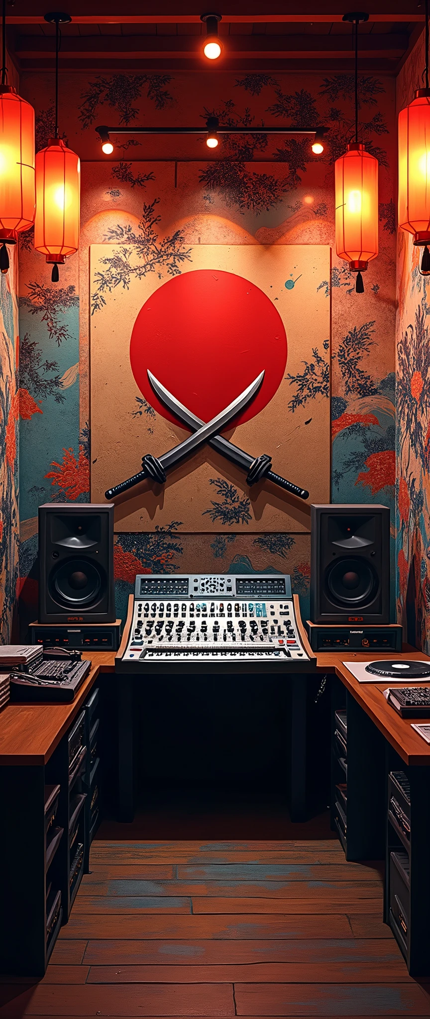 Brightly colored graffiti art mixes with the serene imagery of Japanese calligraphy and landscapes. Lanterns hang from the ceiling, casting a warm glow over the room, while traditional katanas are mounted on one wall, crossed in an X formation above a modern soundboard. The desks have been pushed to the sides, replaced by music equipment—turntables, mics, and speakers, all set up for recording.