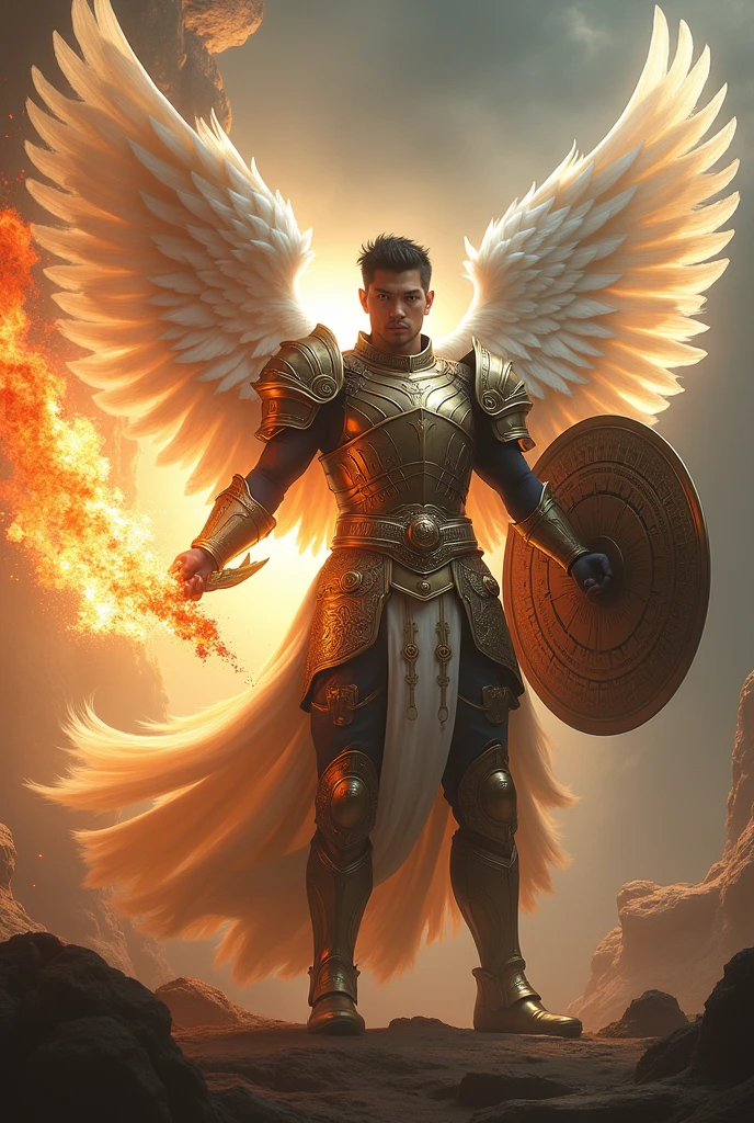 masterpiece, best quality, realistic, ultra detailed, movie poster style, dungeons and dragons character design, celestial, cute bruneian man with round face, soft facial features, muscular, stylish dark hair, majestic white angel wings, sexy heavy armor, swings his shield to deflect a fireball, god rays, extremely dramatic lighting, perfect fingers, perfect hands, perfection