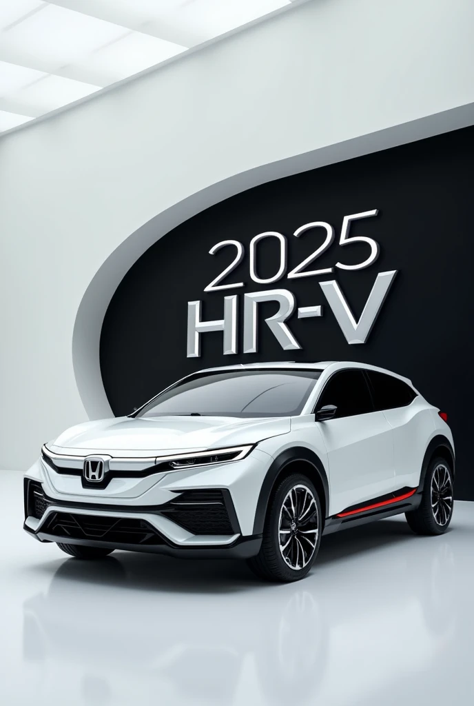 A stunning, futuristic (2025 Honda HR-V) takes center stage in a luxury white showroom. The vibrant (white) exterior gleams, drawing attention to its sleek, aerodynamic design and bold accents. The (.2025 Honda HR-V ) " is prominently displayed in large, metallic letters on the car, set against a dark wall. The ( front side) view showcases the cutting-edge innovation and technology of its time, inviting potential buyers to experience the future of automotive design and performance. This awe-inspiring image promises an unparalleled driving experience