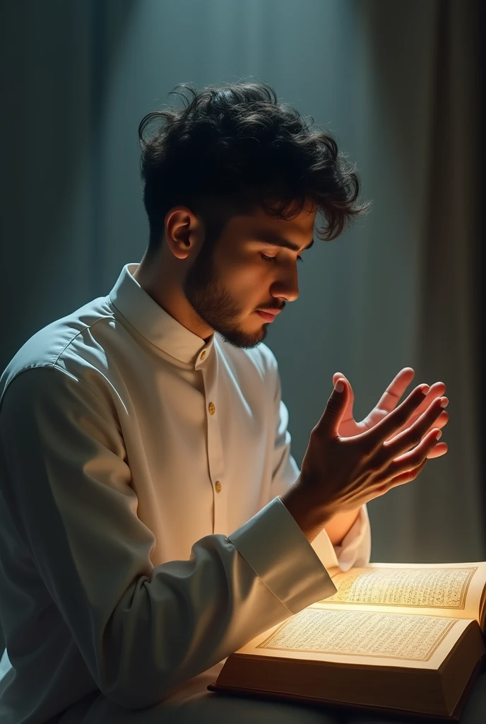 A young Muslim man sitting with an open Quran in front of him, reciting Surah Al-Kahf. A soft glow surrounds him, symbolizing the light between two Fridays, as mentioned in the hadith. The ambiance is peaceful and serene.