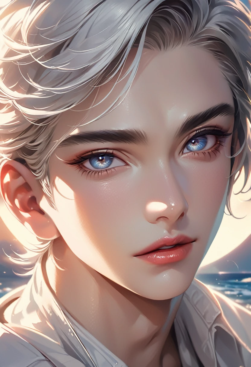 a handsome anime boy, white hair, realistic detailed face, beautiful detailed eyes, beautiful detailed lips, extremely detailed face and features, long eyelashes, pale skin, cute expression, midday sky, moon, stars, white shirt, Sakimichan art style, photorealistic, 8k, high quality, masterpiece