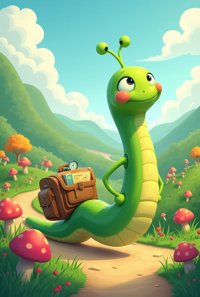 create a green, thin cartoon worm with arms, who begins his long journey. Equipped only with the bare essentials.