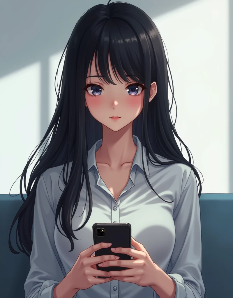 1girl, good_smile, black_hair, solo, long_hair, phone, game, play,