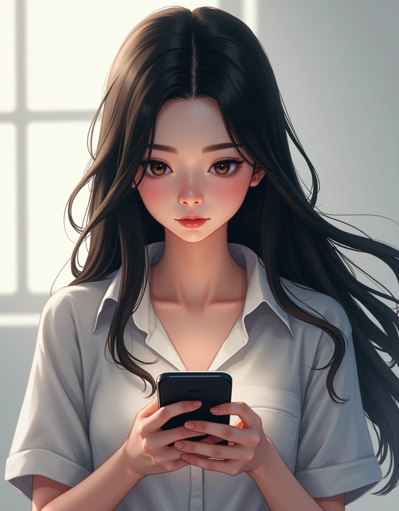 1girl, good_smile, black_hair, solo, long_hair, phone, game, play,