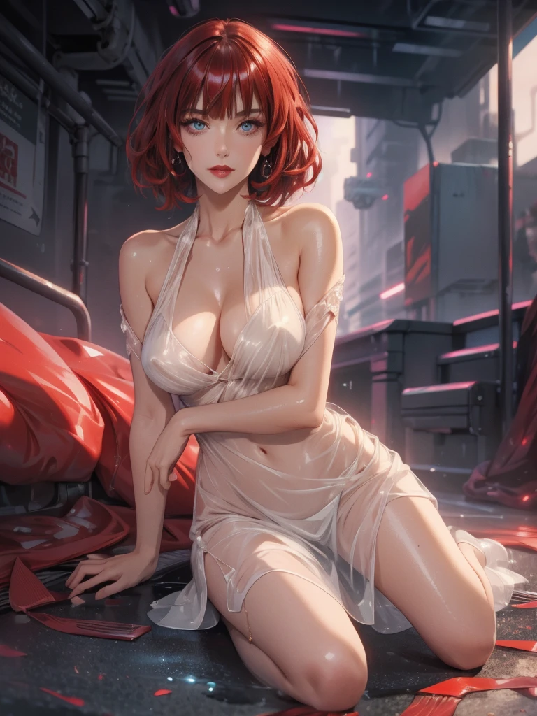 1girl,a beautiful fashion model ,(masterpiece, detailed background, best quality),short and shiny hair, red hair, hair with highlights, bangs, smirk,juicy lips,red lips, calmart, lingerie, stripping, elegant makeup, blue eyes, full body shot, (shiny skin), cyberpunk, sci fi, boa, extravagant jewelry, cocky expression, covered in jewelry, fancy, see through white dress, shiny skin, wet skin. running hand through hair
