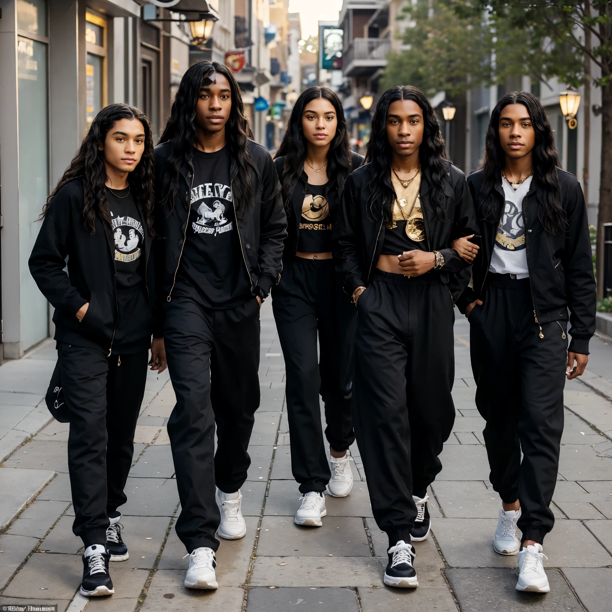 Disney Pixar (YOUNG BLACK MAN WITH LONG HAIR, curly black hair) He is walking down the streets of his neighborhood with two friends., and happy, with a black sports jacket with Wy Strong Sil writing on it , black wide pants with lots of pockets, black sneakers, many gold threads around the neck, gold watch on wrist, ( no'don't change the appearance of your face and your hair is already perfect) pixar, Cool and stylish