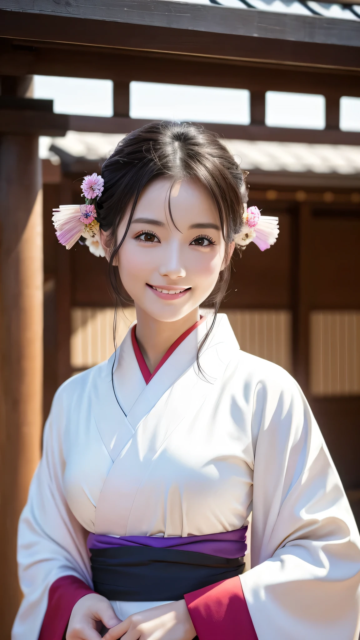 (Super beautiful woman in kimono)、((highest quality、8K masterpiece:1.3))、sharp focus:1.2、(super beautiful face:1.0)、(shiny skin:1.0)、realistic pictures、black hair、video lighting、High resolution eyes and face、video lighting、japanese actress、from the front、with a happy smile、whole body、wearing a kimono、in Kyoto、(luxury obi)、with a fan、Fireworks Display