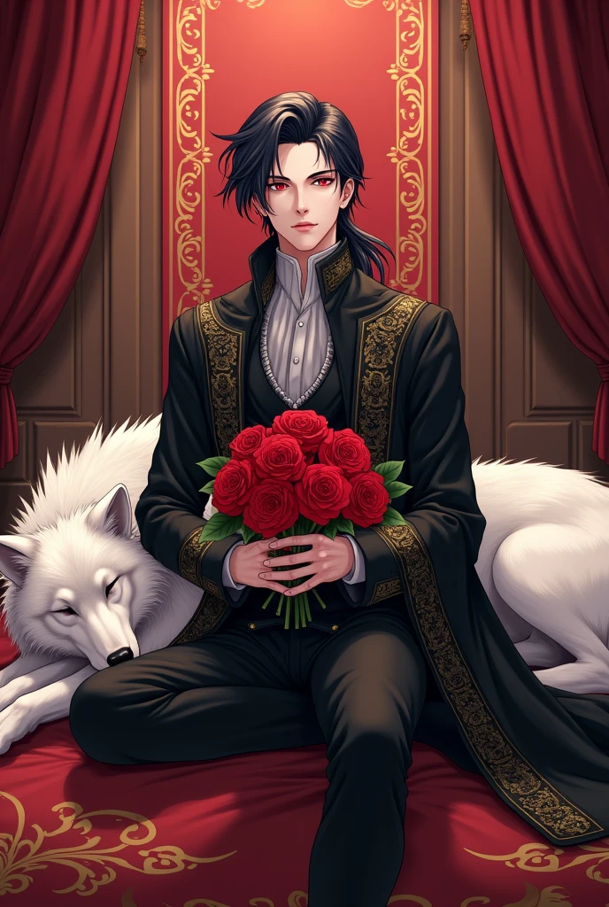 young man, Approx. 1, Tall and slender figure, Firm muscles, and a perfectly proportioned body. He has a handsome appearance., slender, Softly curved, light pink lips. His nose is prominent and sharp., Has sharp red eyes, Have double eyelids, Radiating coolness and awe. His skin is white and smooth., And his face is thick., The jet-black hair was casually tucked behind the ear..
He was dressed in a long robe., A jet black coat embellished with lace that gives an elegant and graceful look.. His personality and demeanor indicated that he was a nobleman..
In his hands., He had bright red roses that contrasted sharply with his outfit.. He sits on a large, fluffy white wolf., Who slept peacefully on a thick red carpet decorated with gold., Add grandeur to the overall scene. Anime style with long hair too.