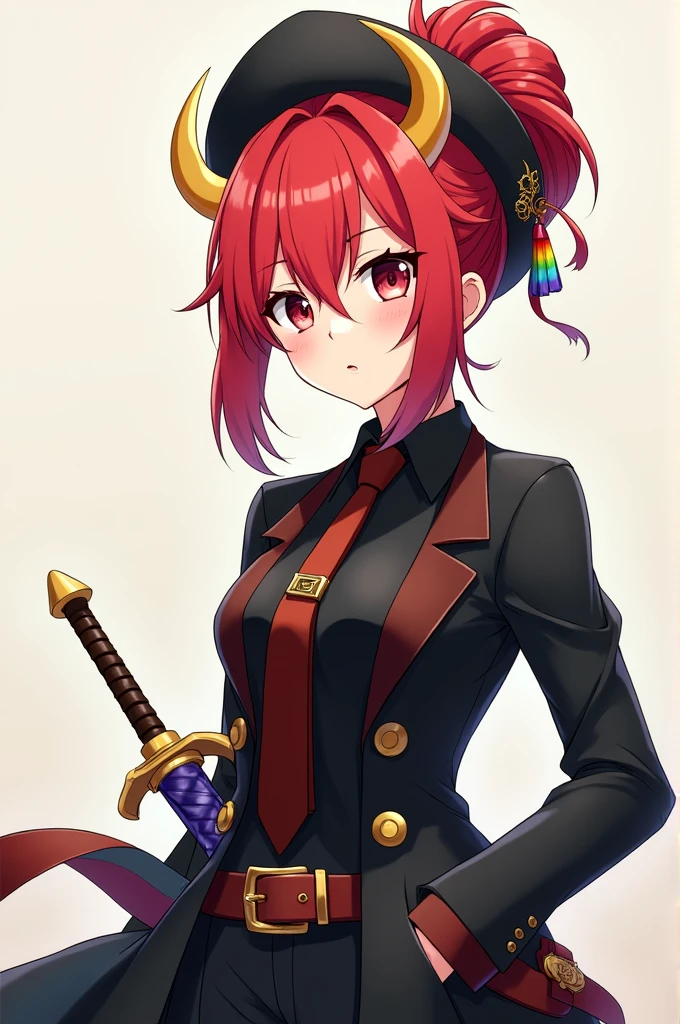 Female anime characters, who is dressed in black and wearing a tie,has a colorful sword on his waist,with a shy smile, with red hair, with hair style rolled up, wearing golden horns, and wearing a hat shaped like a book.