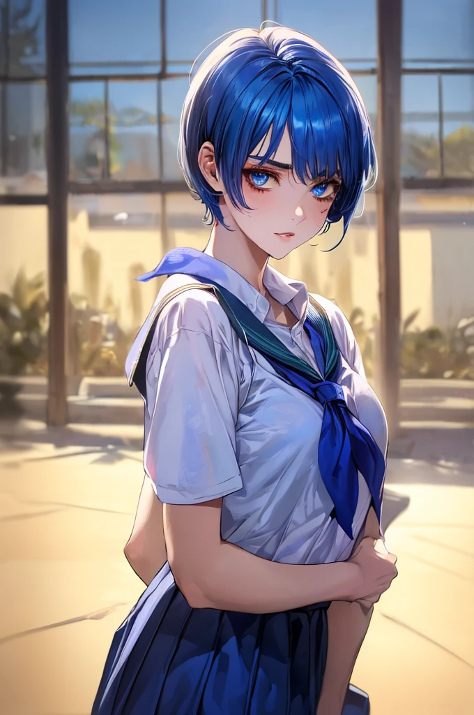 anime girl, (school uniform:1.4), (schoolyard:1.2), stunningly beautiful woman with detailed make-up, extremely detailed eyes, detailed symmetric face, extremely detailed natural texture, messy hair, masterpiece, extremely detailed, amazing, fine detail, rich colors, hyper realistic lifelike texture, dramatic lighting, trending on artstation, looking at the viewer, ((blue hair:1.4)), (short hair:1.8), high quality, sharp focus, extremely detailed, cinematic lighting, 8k uhd, ab, Best quality, masterpiece, ultra high res, 1girl, shiny skin, Best quality, masterpiece, ultra high res, 1girl, shiny skin, Gorgeous 22-year-old girl, bangs, soft pale skin, blue eyes