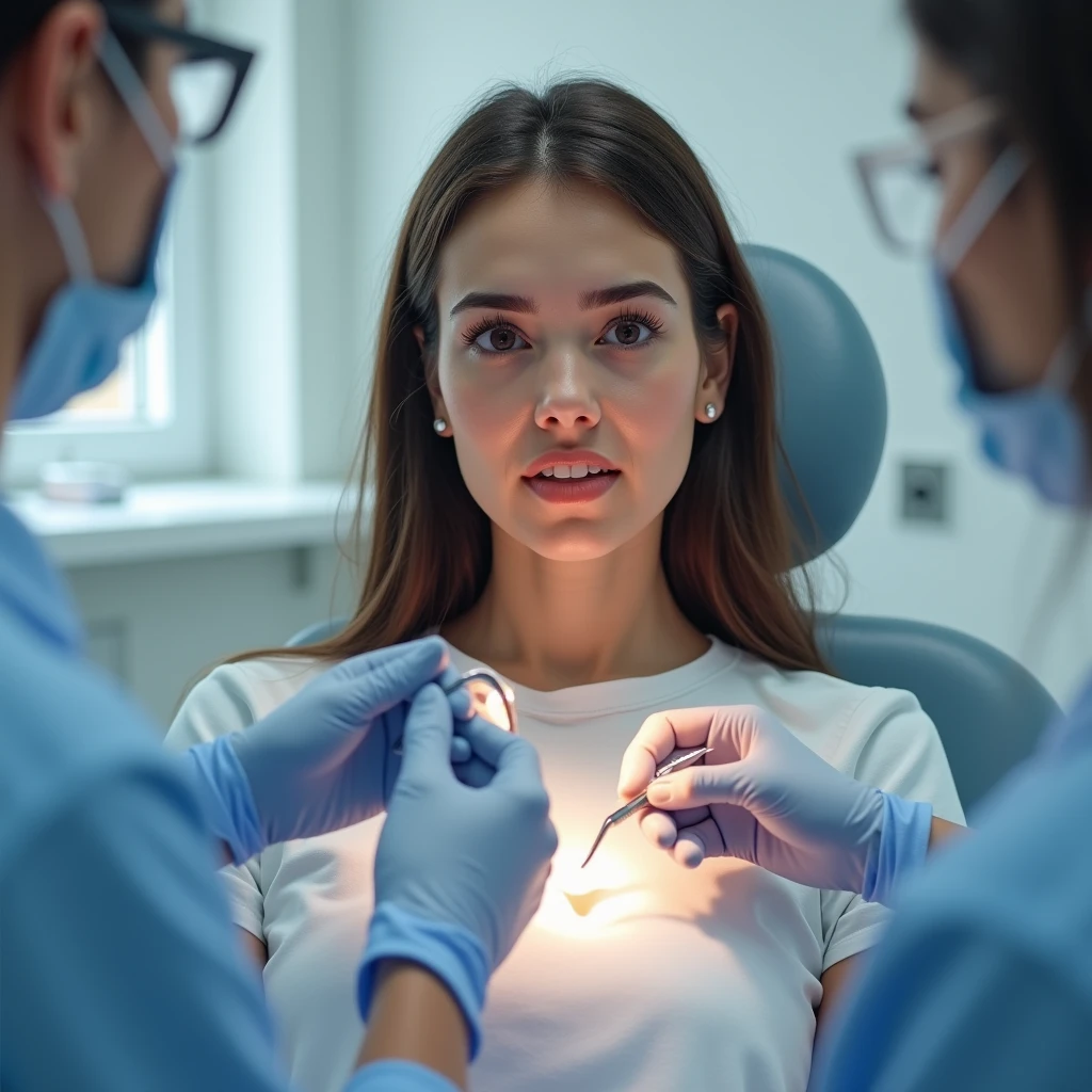 a young lady ,getting dental implants,in a hospital