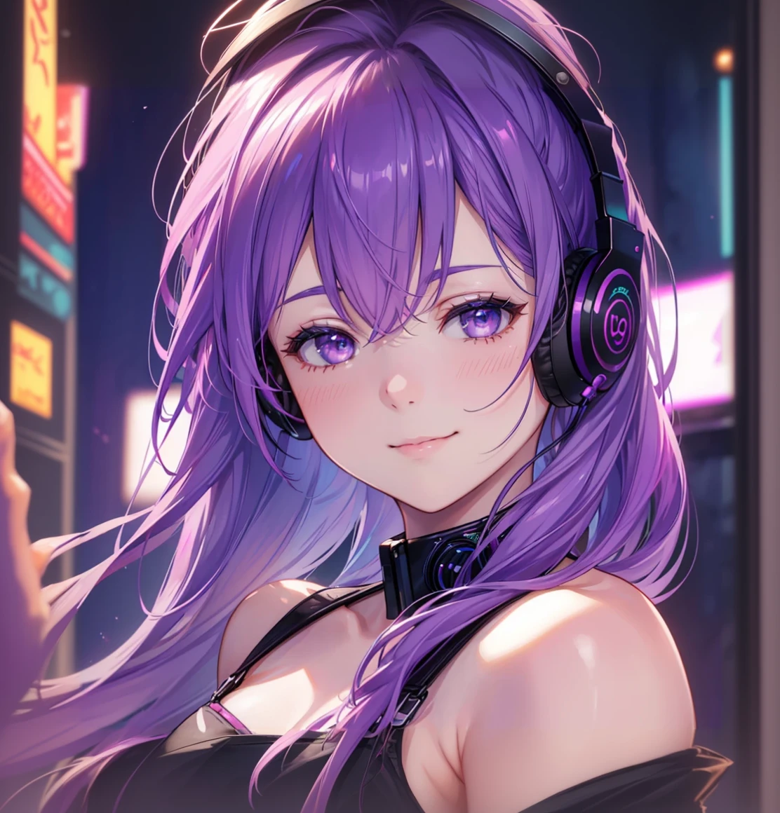 anime girl with headphones and purple hair in a city, anime style 4 k, best anime 4k konachan wallpaper, nightcore, anime wallpaper 4 k, anime wallpaper 4k, anime art wallpaper 4k, anime art wallpaper 4 k, anime art wallpaper 8 k, 4k anime wallpaper, seductive anime girl, detailed digital anime art, anime style. 8k