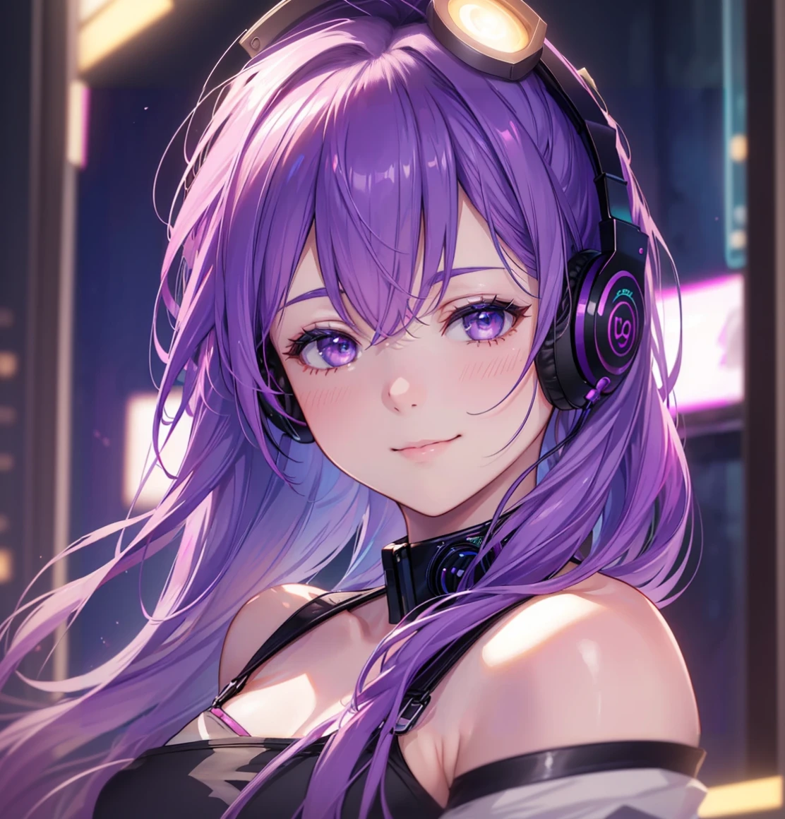 anime girl with headphones and purple hair in a city, anime style 4 k, best anime 4k konachan wallpaper, nightcore, anime wallpaper 4 k, anime wallpaper 4k, anime art wallpaper 4k, anime art wallpaper 4 k, anime art wallpaper 8 k, 4k anime wallpaper, seductive anime girl, detailed digital anime art, anime style. 8k