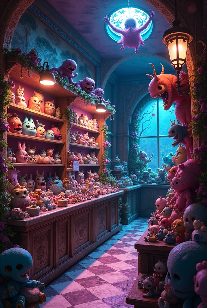 A brightly colored art toy shop with dark fantasy elements, enhanced by neon lights in the store.