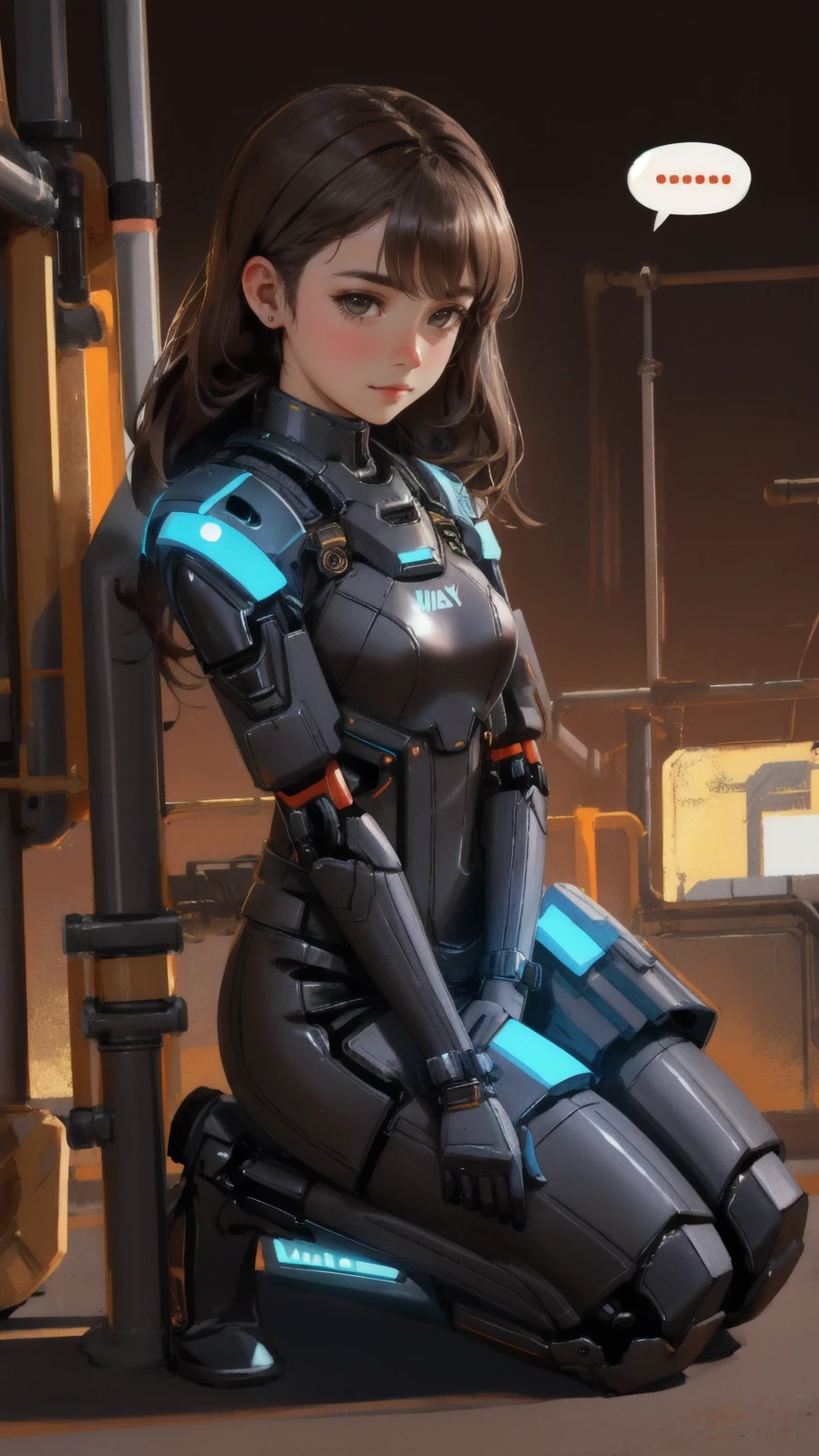Create a detailed scene with a brown background, featuring a beautiful, cute girl in place of the robot. She is kneeling and carefully applying duct tape labeled 'Permanent Temporary Fix' to a pipe, maintaining a focused and satisfied expression. The girl is dressed in a futuristic, slightly mechanical outfit that complements the theme of the original character. The setting and elements like the rolls of tape, the speech bubble saying 'PERFECT!!', and the industrial environment should remain intact to match the original image's atmosphere