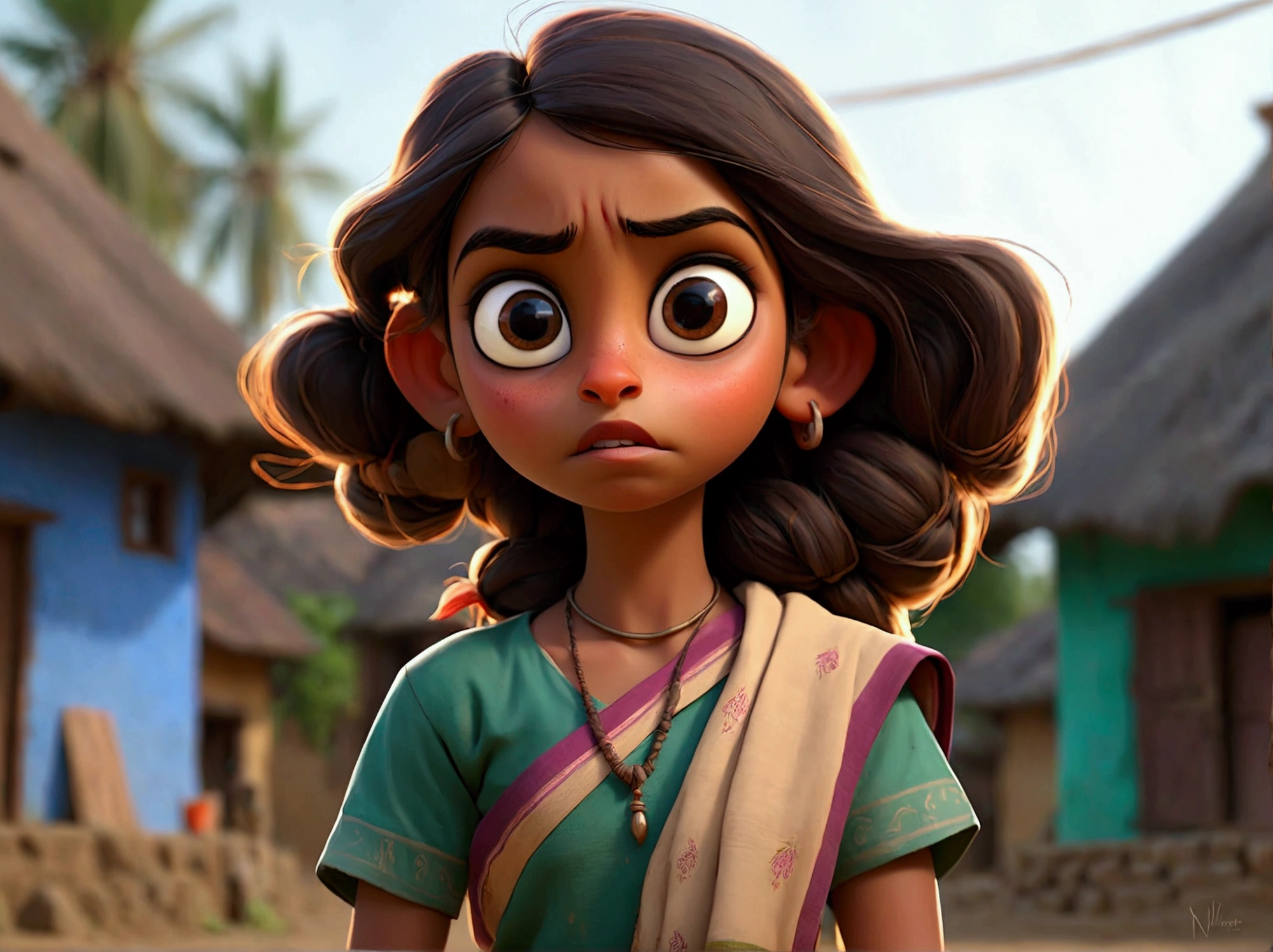 "A young woman, Neha, with a determined look on her face, standing in a small village square. Villagers around her are whispering and looking fearful, but Neha looks resolute and curious."