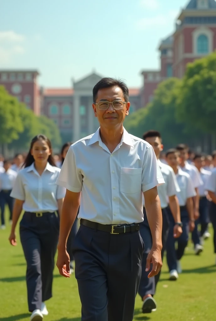 A man with glasses,  a Malaysian,He is Chinese but brown skin,,wearing school uniform marching at school field