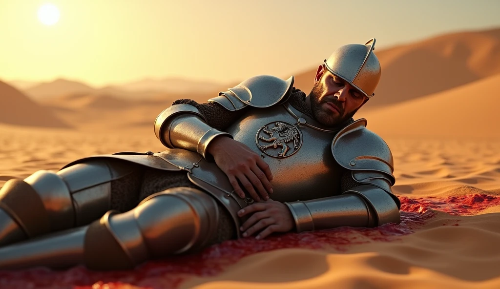 A highly realistic, high-contrast, 8K HD, detailed, hyper-detailed image of a knight wearing steel armor adorned with a lion emblem, lying in the desert, clutching his stomach in pain after being defeated. The knight's face, filled with anguish, shows the strain of battle as he struggles to cope with the searing pain. The intense desert sun blazes overhead, casting sharp shadows and illuminating the knight’s worn armor. Blood seeps into the sand around him, marking the site of a fierce battle. The vast desert landscape, with its endless dunes and oppressive heat, adds to the sense of isolation and despair. The atmosphere is thick with the harsh reality of defeat, as the knight battles not only his wounds but the unforgiving environment. The image is of the highest quality, with ultra-high resolution, RAW photo quality, and Unreal Engine rendering, capturing the intense and dramatic moment of the knight’s suffering in the harsh desert.
