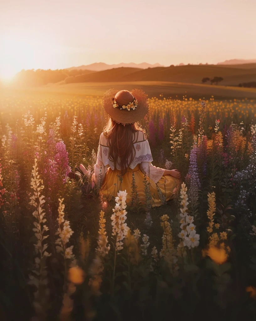 araffe woman In a field of flowers at sunset, Sitting in the fields of flowers, 坐在Girl in the flower field, In a field of flowers, Girl in the flower field, 站在Girl in the flower field, 站在Girl in the flower field, woman standing in flower field, a goddess In a field of flowers, Sitting in the fields