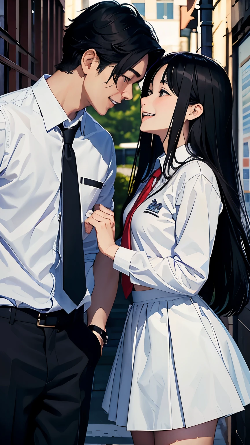 masterpiece, best quality、Black haired high school boy、High school girl with long black hair、Wearing a high school uniform、A man and a woman in love、Face to face and look at each other、Laughing happily