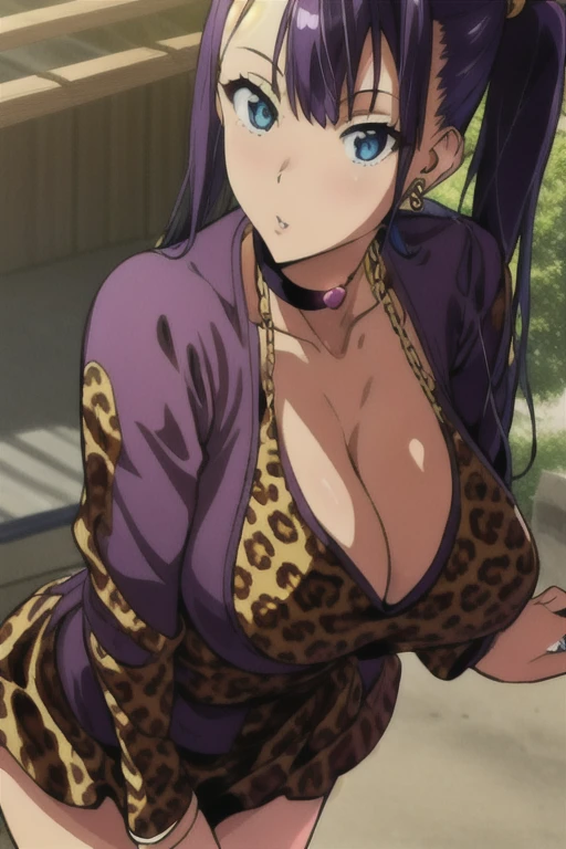 perfect eyes:1.2, detailed eyes:1.4, skindentation,leopard printed thin long sleeve one piece with v neck cleavage ,Skirt type one piece,Blue eyes, Purple hair, ((blunt bangs)), twin tail,Bare neck, 20yo, Young female, Beautiful Finger, Beautiful long legs, Beautiful body, Beautiful Nose, Beautiful character design, perfect balance, 1girl, solo, (masterpiece:1.6, best quality), 8k, insane details, intricate details, hyperdetailed, hyper quality, high detail, ultra detailed, professional, HDR, ray tracing reflection, cinematic lighting,Cleavage,Busty,Big breast,ear piercing,multistrand Love shaped necklace,Half eyes open,Eyeshadow,Thick lips,Bracelet,Long nail,Ring,black color Chocker,Gyaru,flashy heart shaped earring,outside,((carrying chain Leopard print purse bag)),1hand on hips,Face fully viewed,view from afar,Sitting in bench waiting with crossing leg,Monocolor outfit