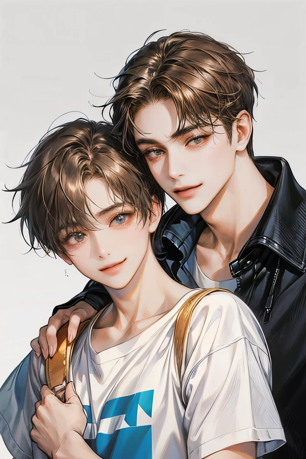 male couple, high resolution, Masterpiece, qualityที่ดีที่สุด, details, detailsสูง, quality, Anatomically correct, โมเดลhigh resolution, detailsมาก, high resolutionสุด, black hair, brown hair, รอยsmileชั่วร้าย, smile, simple background, Lots of white background, two men, MSM, t-shirt, กอดเอว
