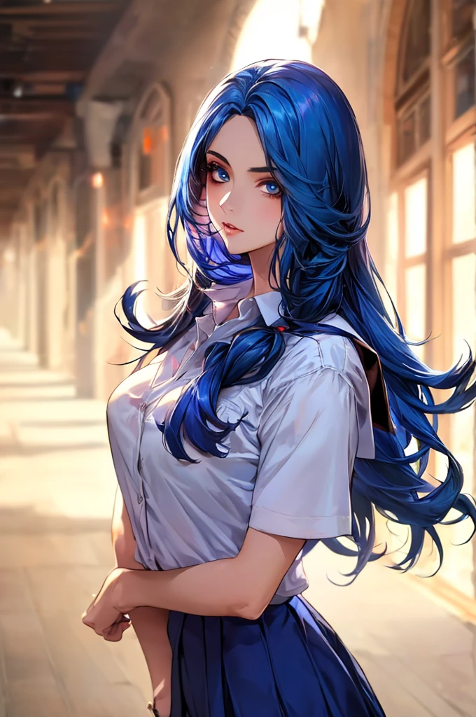 anime girl, (school uniform:1.4), (schoolyard:1.2), stunningly beautiful woman with detailed make-up, extremely detailed eyes, detailed symmetric face, extremely detailed natural texture, messy hair, masterpiece, extremely detailed, amazing, fine detail, rich colors, hyper realistic lifelike texture, dramatic lighting, trending on artstation, looking at the viewer, ((blue hair:1.4)), (long hair:1.6), high quality, sharp focus, extremely detailed, cinematic lighting, 8k uhd, ab, Best quality, masterpiece, ultra high res, shiny skin, Best quality, masterpiece, ultra high res, 1girl, shiny skin, Gorgeous 22-year-old girl, bangs, soft pale skin, blue eyes