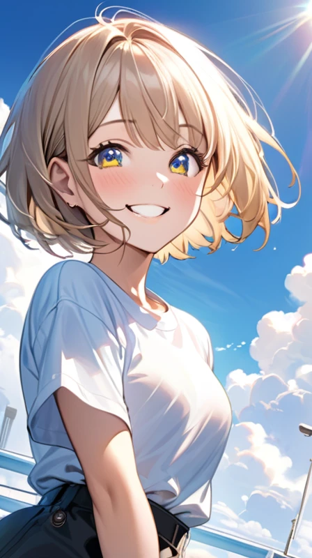 Ultra-realism"Cheerful young woman with short bob haircut, fair skin, and bright smile under a clear blue sky. She's wearing boyish clothes like a loose-fitting t-shirt or button-up shirt. Her expression is lively and cute, with sparkling eyes and a genuine grin. The background shows a sunny day with a few fluffy white clouds, creating a warm and positive atmosphere."