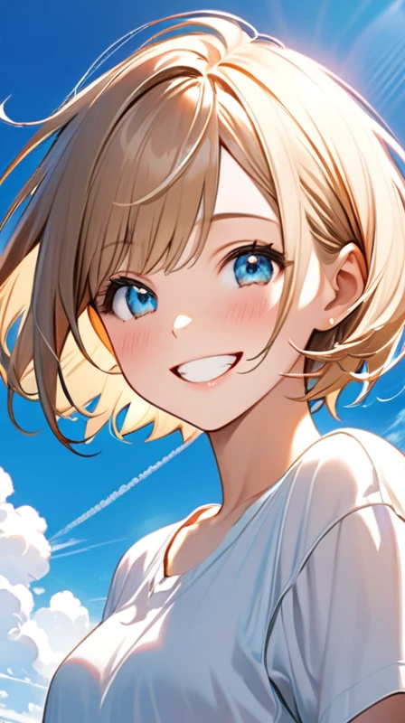Ultra-realism"Cheerful young woman with short bob haircut, fair skin, and bright smile under a clear blue sky. She's wearing boyish clothes like a loose-fitting t-shirt or button-up shirt. Her expression is lively and cute, with sparkling eyes and a genuine grin. The background shows a sunny day with a few fluffy white clouds, creating a warm and positive atmosphere."
