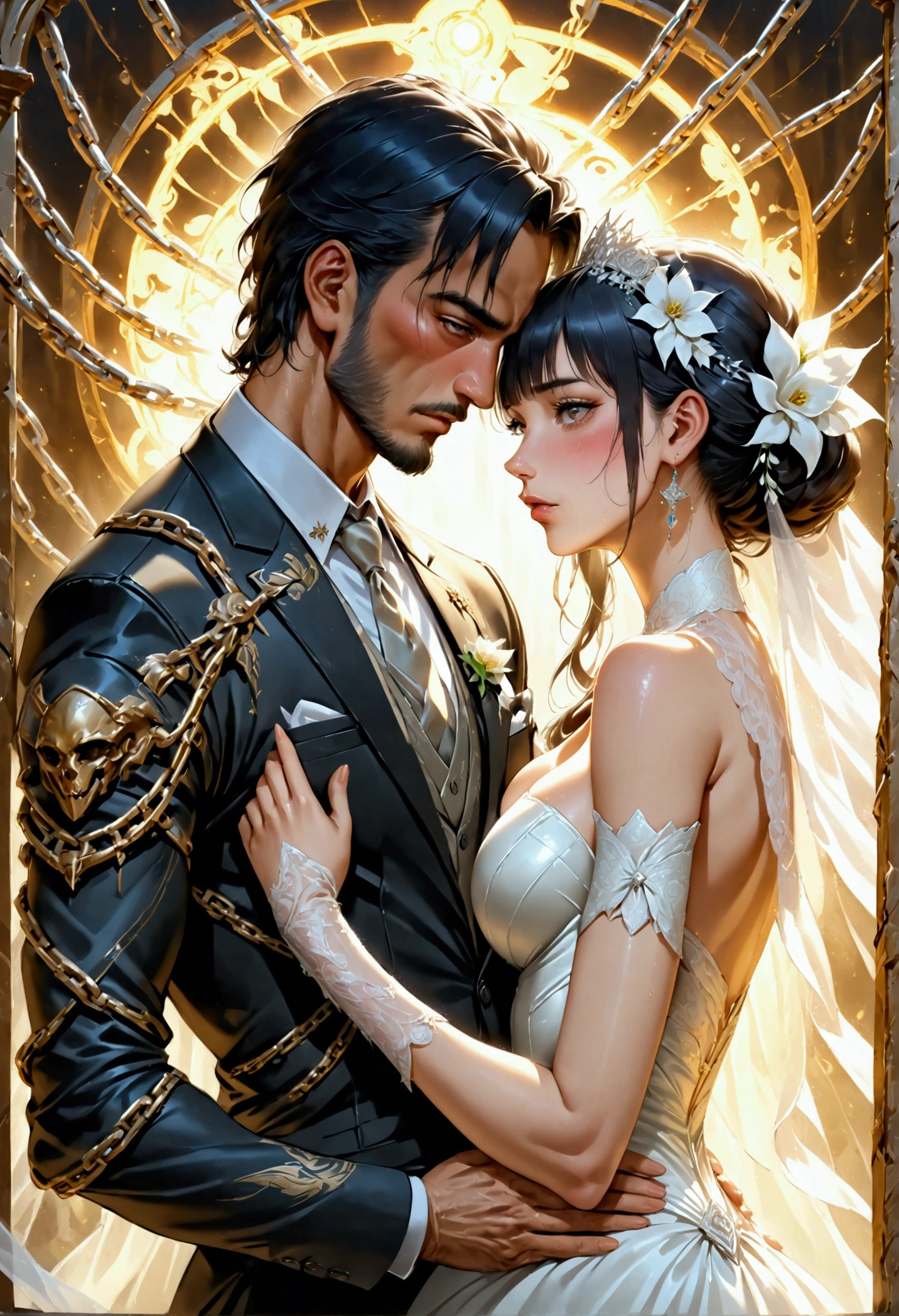 oil painting anime comic art, Larry Elmore, art of a groom held by ((radiant chains: 1.2)), in his wedding day and his bride, a handsome groom, wearing suit and tie, BREAK AND a beautiful, sexy bride, busty bride, wearing white leather wedding dress, the chain holds the groom, with chains, the chain forms the shape of red glowing heart, cinematic light, High Detail, Ultra High Quality, High Resolution, 16K Resolution, Ultra HD Pictures, Ultra Realistic, Clear Details, Realistic Detail, Ultra High Definition, rpg portrait, art by mooncryptowow