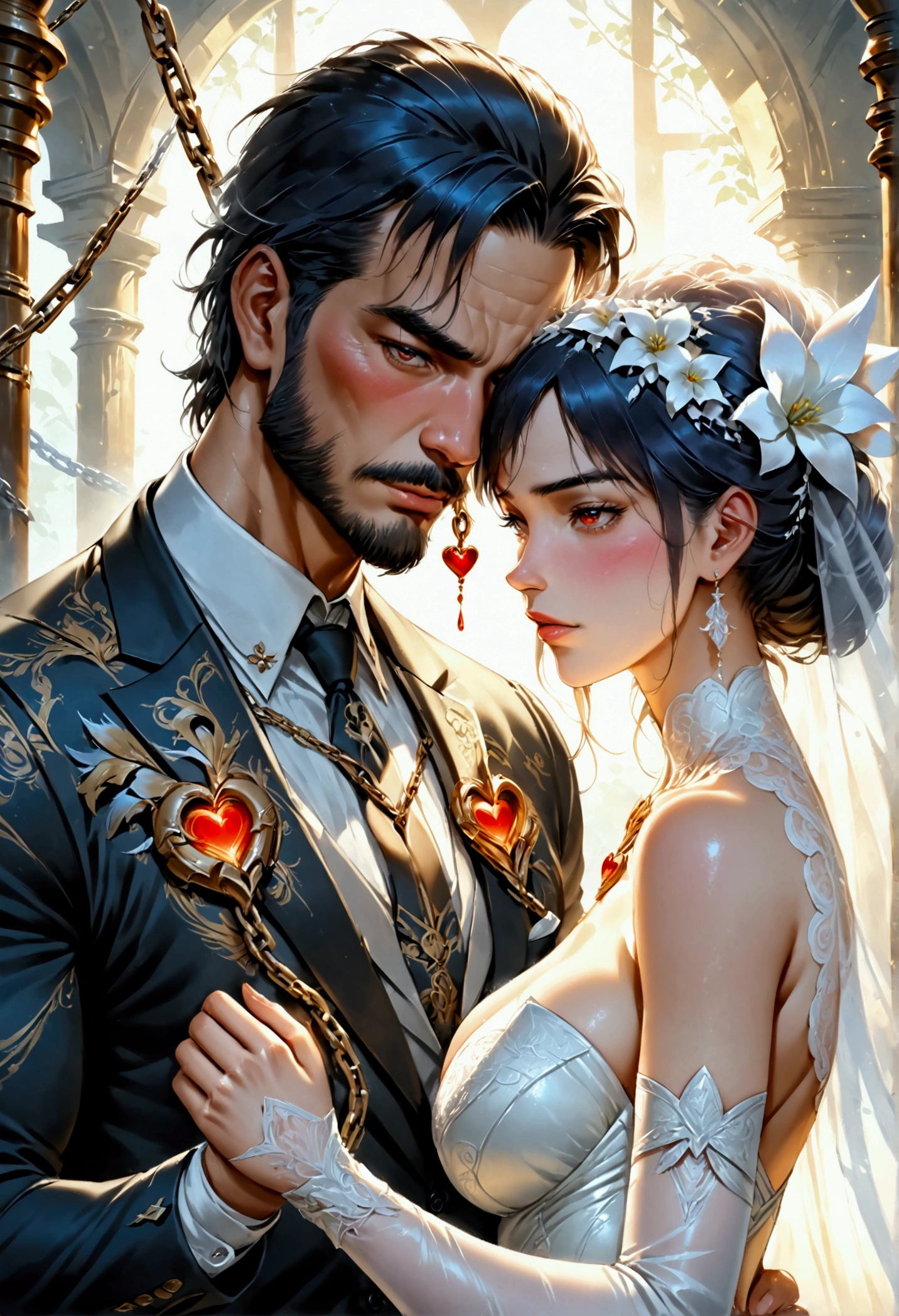 oil painting anime comic art, Larry Elmore, art of a groom held by ((radiant chains: 1.2)), in his wedding day and his bride, a handsome groom, wearing suit and tie, BREAK AND a beautiful, sexy bride, busty bride, wearing white leather wedding dress, the chain holds the groom, with chains, the chain forms the shape of red glowing heart, cinematic light, High Detail, Ultra High Quality, High Resolution, 16K Resolution, Ultra HD Pictures, Ultra Realistic, Clear Details, Realistic Detail, Ultra High Definition, rpg portrait, art by mooncryptowow