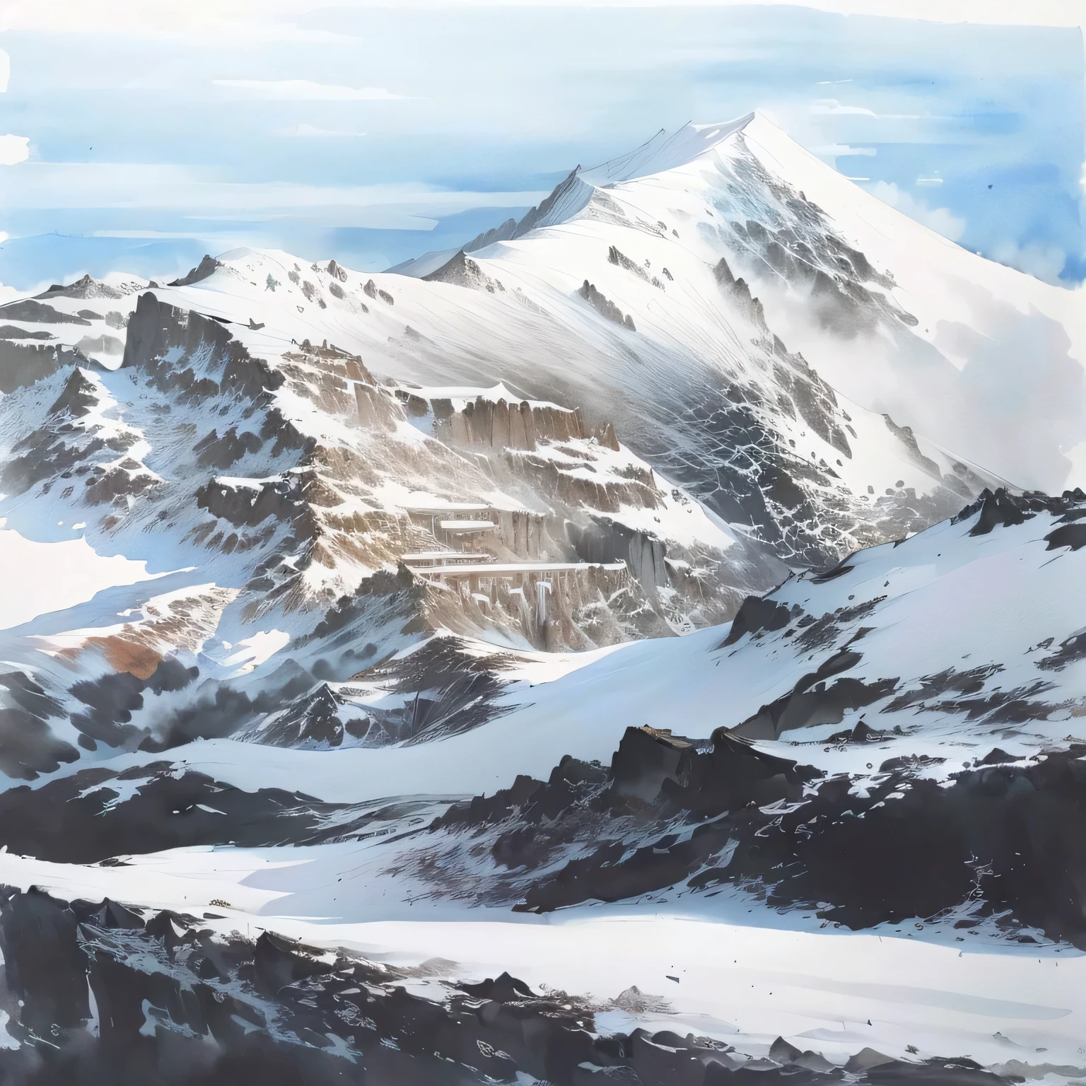 Chinese ink painting effect watercolor painting highly detailed high resolution climbing the peak of snow mountain
