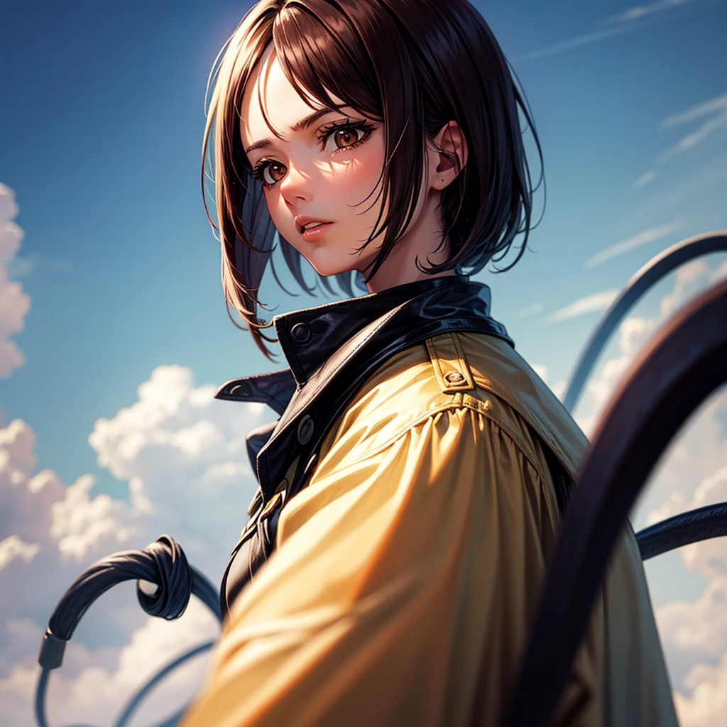 Brown eyes, half body, BLUE whip, military base