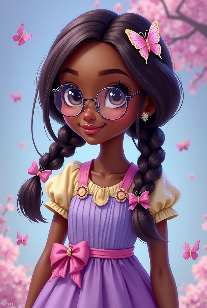 Imagem da filha da Cerise Hood e da Cedar Wood de Ever After High: One with dark skin, gray eyes, brown hair with white and light purple highlights with low pigtail braids, round glasses, light purple dress, pink and white on top and yellow and blue on the bottom, butterfly elements on clothes