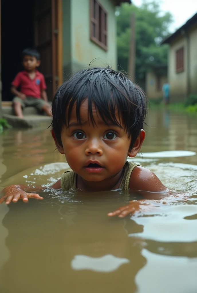 Bangladeshi child is sinking into water in front  of  his house
