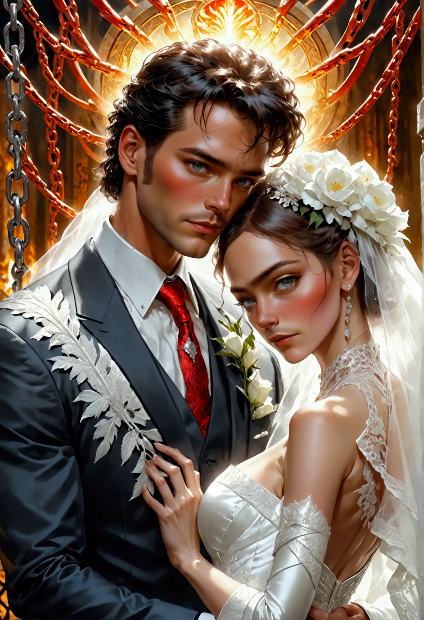 oil painting anime comic art, Larry Elmore, art of a groom held by ((radiant chains: 1.2)), in his wedding day and his bride, a handsome groom, wearing suit and tie, BREAK AND a beautiful, sexy bride, busty bride, wearing white leather wedding dress, the chain holds the groom, with chains, the chain forms the shape of red glowing heart, cinematic light, High Detail, Ultra High Quality, High Resolution, 16K Resolution, Ultra HD Pictures, Ultra Realistic, Clear Details, Realistic Detail, Ultra High Definition, rpg portrait, art by mooncryptowow