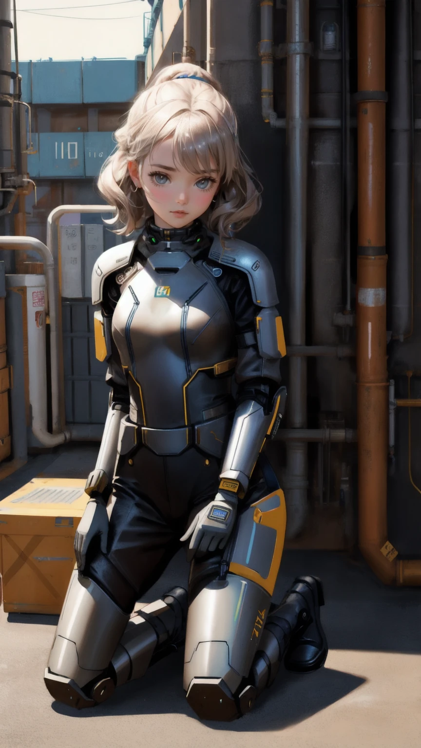 Replace the robot with a beautiful, cute girl in a futuristic outfit, kneeling as she applies duct tape labeled 'Permanent Temporary Fix' to a pipe in an industrial setting. The background remains brown, with all the original elements like the rolls of tape, pipes, and the speech bubble saying 'PERFECT!!' preserved. The girl's expression shows determination and satisfaction, perfectly fitting the original theme of the scene.