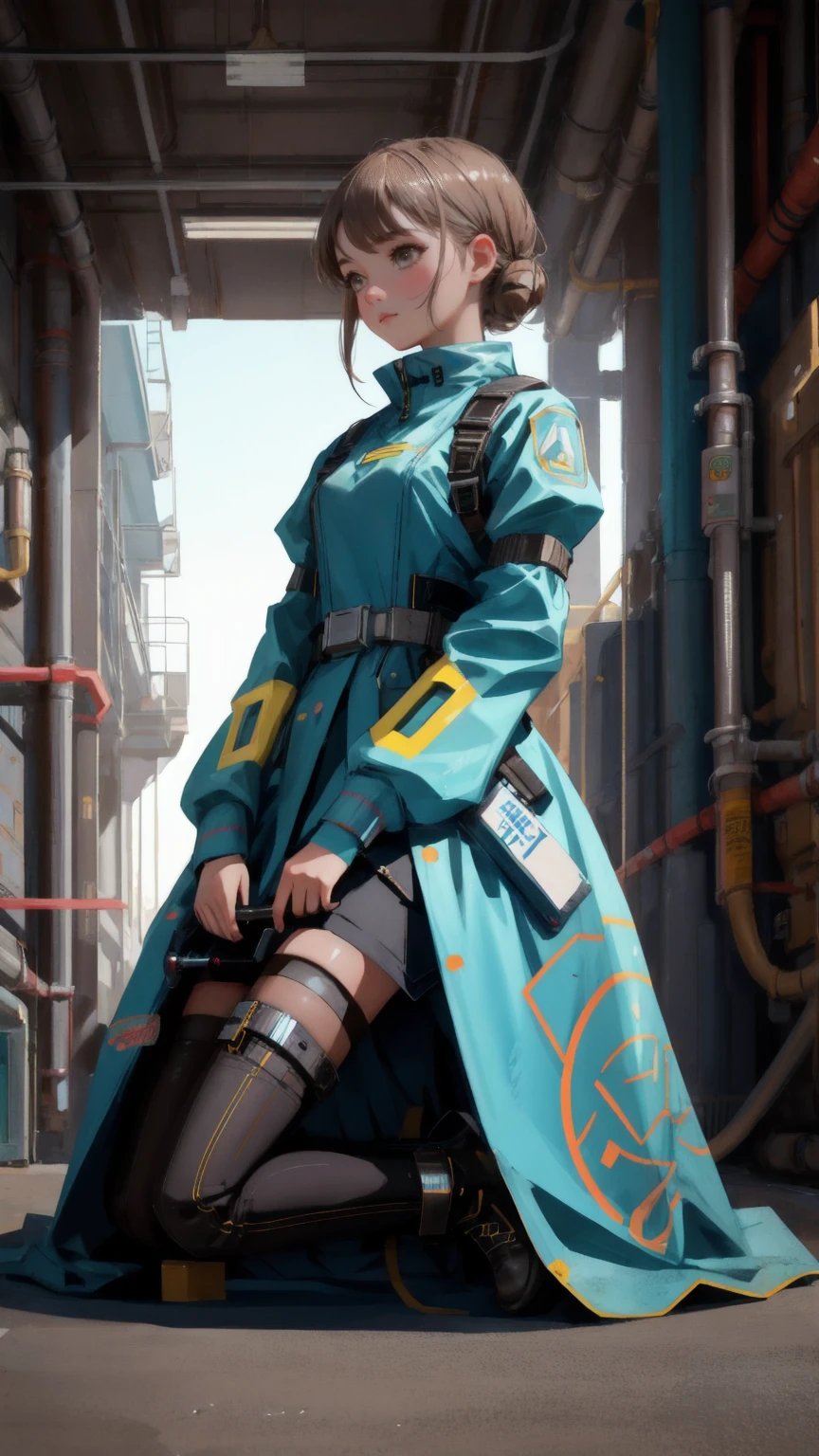 Replace the robot with a beautiful, cute girl in a futuristic outfit, kneeling as she applies duct tape labeled 'Permanent Temporary Fix' to a pipe in an industrial setting. The background remains brown, with all the original elements like the rolls of tape, pipes, and the speech bubble saying 'PERFECT!!' preserved. The girl's expression shows determination and satisfaction, perfectly fitting the original theme of the scene.