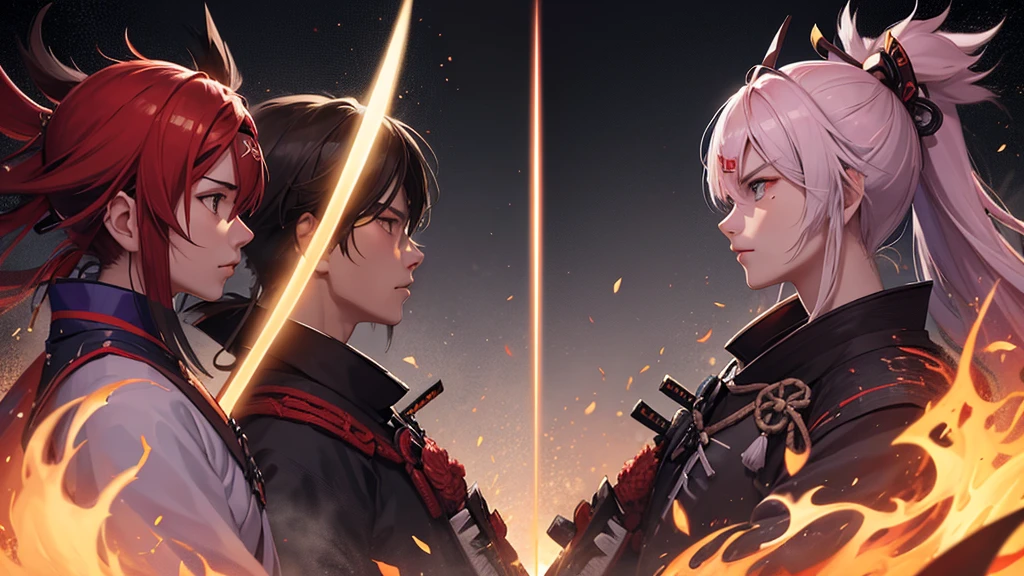 Create the final battle between 2 samurai, colorfully, Facing each other face to face, unsheathing their katanas