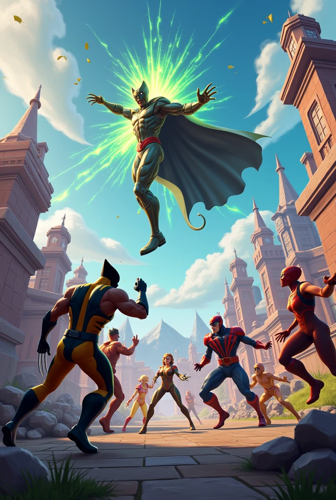 "Envision a dynamic battle arena set in the Fortnite universe, featuring vibrant landscapes and iconic Fortnite buildings, including towers, barricades, and makeshift ladders. At the center of the action, the X-Men—including Wolverine, Magneto, Nightcrawler, and Rogue—are defending themselves against Doctor Doom. Wolverine lunges forward with his razor-sharp claws, Nightcrawler teleports quickly to confuse his enemies, and Magneto manipulates the metallic materials around him. Doctor Doom, in his gleaming armor and flowing cape, casts arcane spells and fires bolts of green energy from the sky, surrounded by a shimmering force field. The environment is filled with intensity, with buildings crumbling, explosions of color and light, and the sounds of spells and mutant abilities clashing. Players watch from strategic hiding, ready to join the fight."