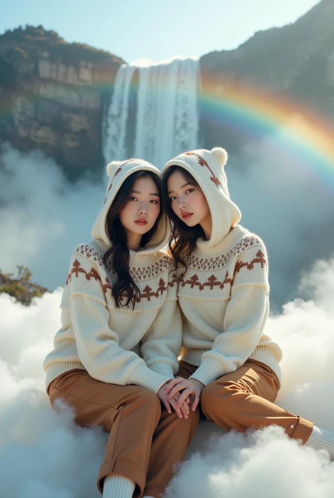 Beautiful Korean women with clean white skin,baju hoodie rajut maron cream,decorated with moonlight forest motifs,brown slacks,sitting on the cloud,with the background of the mountain above the clouds, the cliff of the waterfall with the rainbow,Original photo,ultra realistic