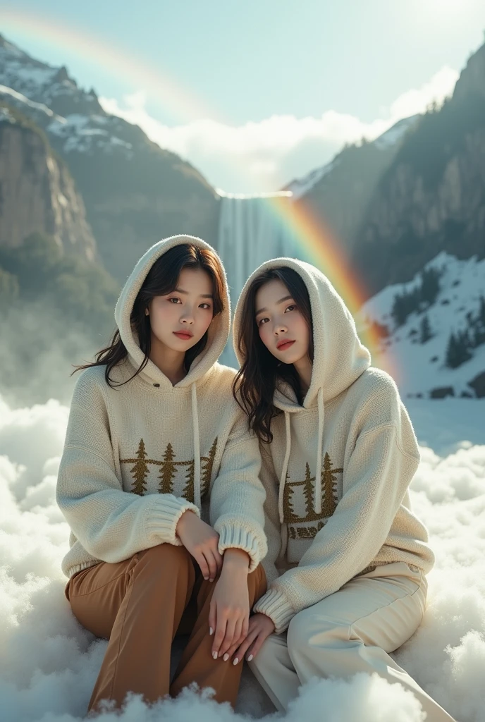 Beautiful Korean women with clean white skin,baju hoodie rajut maron cream,decorated with moonlight forest motifs,brown slacks,sitting on the cloud,with the background of the mountain above the clouds, the cliff of the waterfall with the rainbow,Original photo,ultra realistic