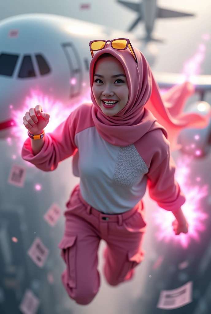 Malaysia women a realistic masterpiece. Human .wear pink watch.. 1girl wearing a hijab. detailed beautiful face, Hijab Muslim. Wear long sleeve moder design mixed sew pink white loose size. Small detail ,cargo suit. Pink cargo pant.. . anger face, minimalist flower on shirt. . anger face. Open mouth. Wear pink white. Wear small Safety Pink yellow glasses google spectacle top on head. . Age 20 year old. Flying position. Fast fly. Panning effect Photography . Flying have a super strong power.. punch . Fight pose. Bokeh background. fist front.. At the city. Bad waether. , detailed lips, long eyelashes. Hero, modest expression, delicate facial features, natural skin tones, , detailed folds and textures of hijab, natural lighting, high quality, photorealistic, 8k, best quality. Malaysia girl. Floating balloon. ). . . Braces teeth. Boleh background. Panning effect. Fast flying.