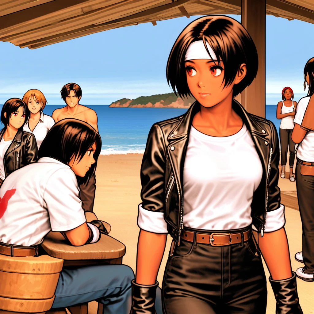 Female,sleeping,sleepy face,friend surprised,short hair,black hair,dark skin,red eyes,((black leather jacket with rolled up arms)),fingerless gloves,white T-shirt,((white headband)),black pants,white shoes,brown belt,cute,indoor party,charm point,sea view,slightly large breasts a little big,outdoors,high quality,good looking,friends worried on terrace,yawning