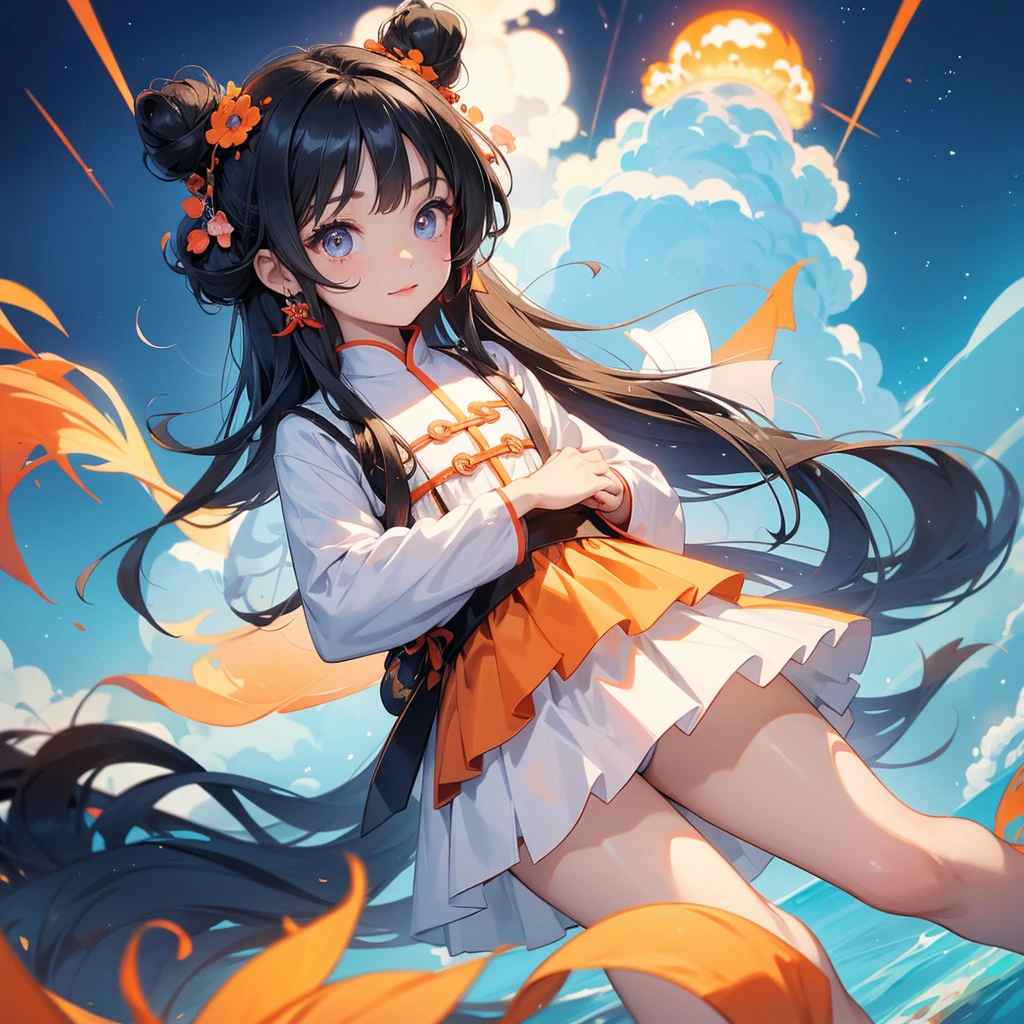 A chibi  girl had a small face and Wearing white little Taoist priest's outfit. A pair of big round eyes shone with curiosity about him. This childso cute, Background is a volcano, lava erupting orange, with low floating blue clouds all over the area

her hair is black with two buns on her hair.small chibi, chibi baby, smil,Chibi.

