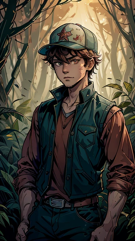 (Teens:1boy: dipper_pines), (extremely detailed CG unit 8k wallpaper),(master part), (best quality), (ultra detail), (best illustration),(dan Mumford), cowboy shot, (Sharp eyeliner, ombre, detailed eyes:1), dark creepy woods, outdoor, ,break , (Art Adams Style), upper body, (baseball cap, vest, brown eyes, looking at you, red shirt), 